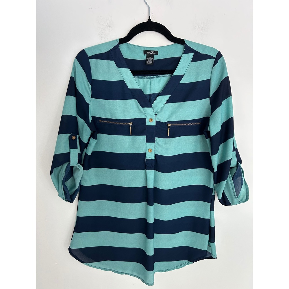 Rue21 Womens Teal Navy‎ Striped V-Neck Roll Tab Sleeve Blouse Top Medium